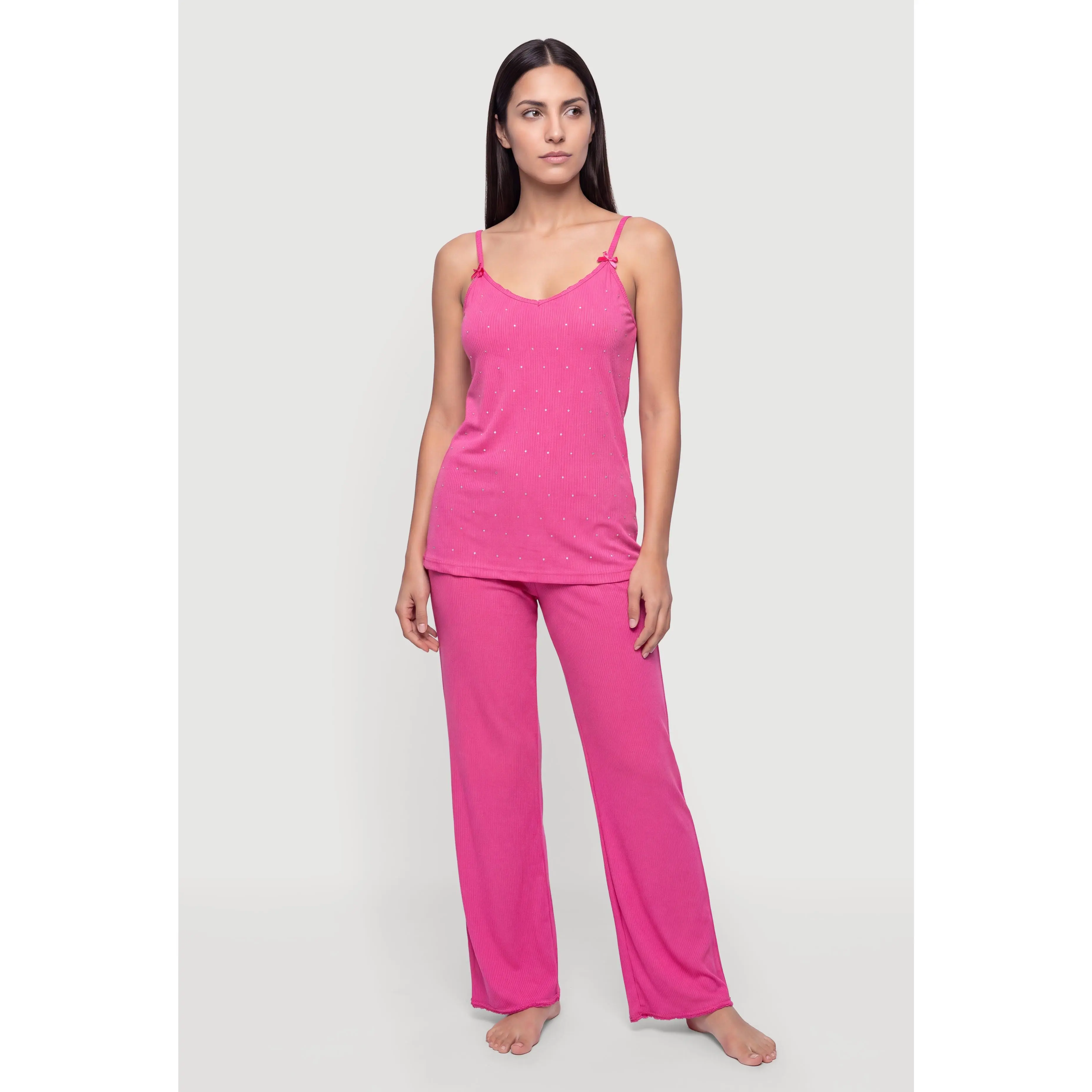Bow Detail Rhinestone Pajama Cami and Lounge Pants