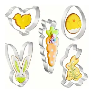 5 Easter cookie molds, stainless steel chicken, carrot, egg, rabbit shaped holiday themed baking kit for baking gummies, fruit bread, birthday Easter food, party decoration