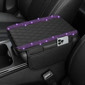 Bling Purple Diamond Car Center Console Cover - Leather Arm Rest Cushion, 2 Storage Bags, Universal for Most Vehicle Interiors armrest  for  car