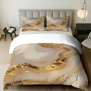 3PCS Duvet Cover Set, 1 Duvet+2 Pillowcases(Without filler), Marble Gold Beige Art Elegant Luxury theme, Thanksgiving bedding set, Silky Soft Cozy Suitable for decoration Bedroom Living Room Hotel Guest Room.