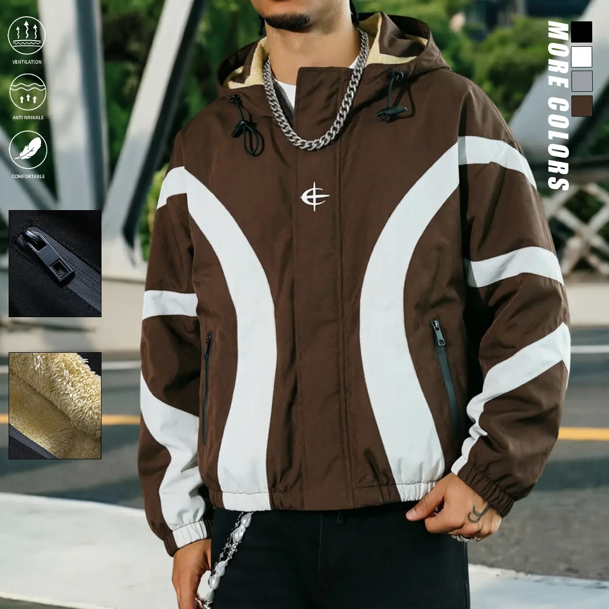 Men's Color-Block Hooded Sweatshirt Jacket, Casual Sherpa Fleece Lined Full-Zip Long Sleeve Tops, Sweatshirts, Menswear