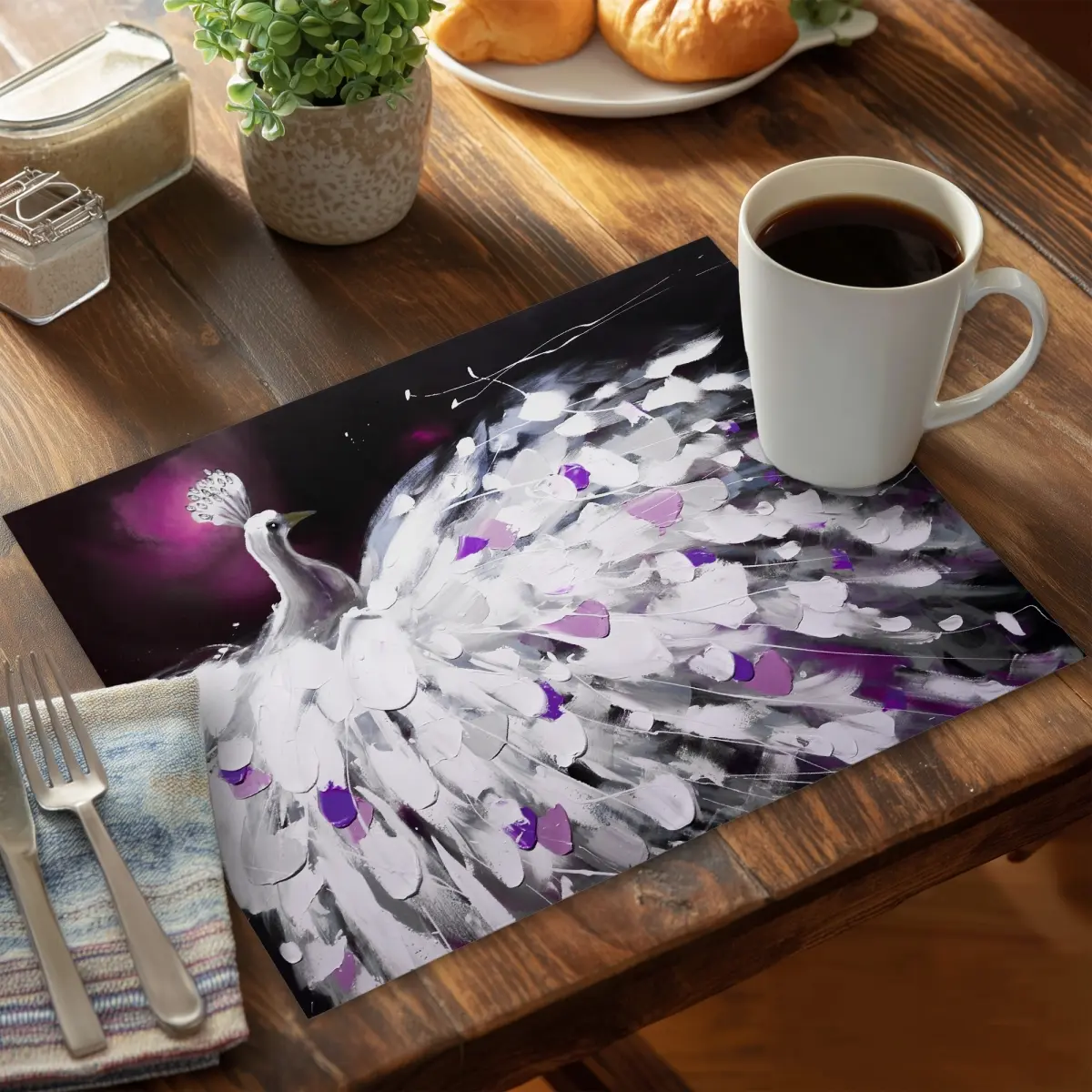 Polyester Rectangular Purple Peacock Print Placemat with 360 Stand & Charming Bird Design, 14x18 in, Machine-Washable Modern Home Kitchen Tableware (CPPM1418T1, MOQ9)