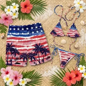 American Flag Palm Tree Hawaiian Shorts Bikini Set Couple Matching Swimwear USA Stars Stripes Beach Swimsuit Summer Vacation Tropical Pool Party Outfit Lovers