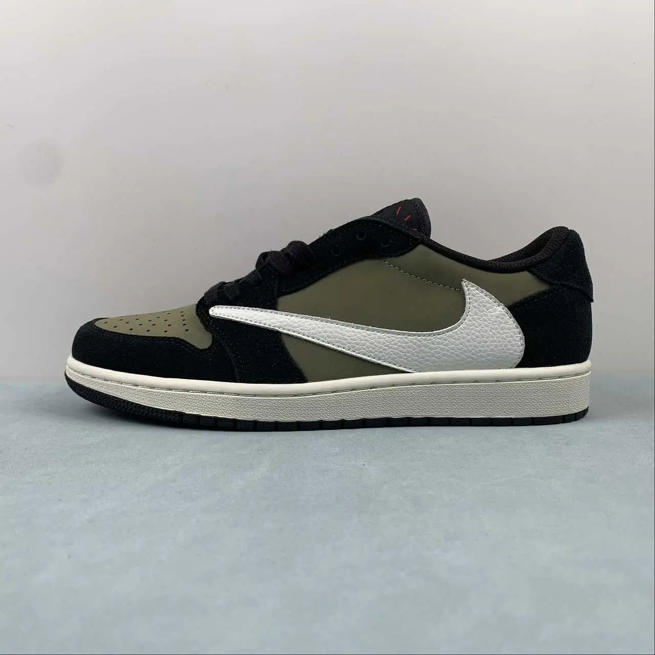 Olive smooth leather black suede panels textured white side overlay off-white midsole rubber outsole stitched low top lace-up everyday street kicks