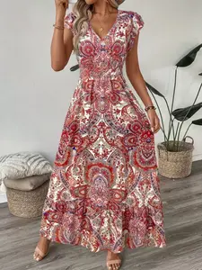 Boho Style Women's V-Neck Short Sleeve Dress, Summer Vacation Casual Fashion Trendy Print Design, European & American Inspired Clothing