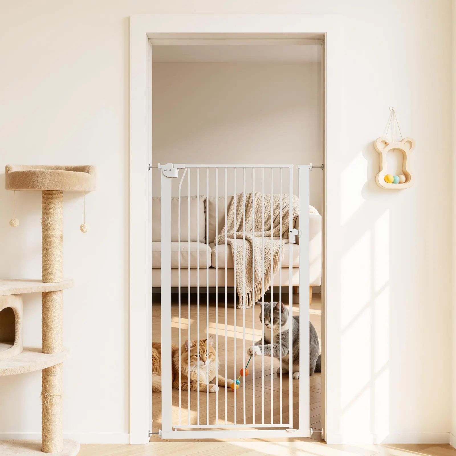 VEVOR Extra Tall Pet Gate for Cats & Dogs, 29-41 in Adjustable Width, 56 in High, with Pressure & Wall Mount Kits, 1.3 in Narrow Bars for Secure Space, Stairs & Doorways, White, Blocks Access, Iron, Containment