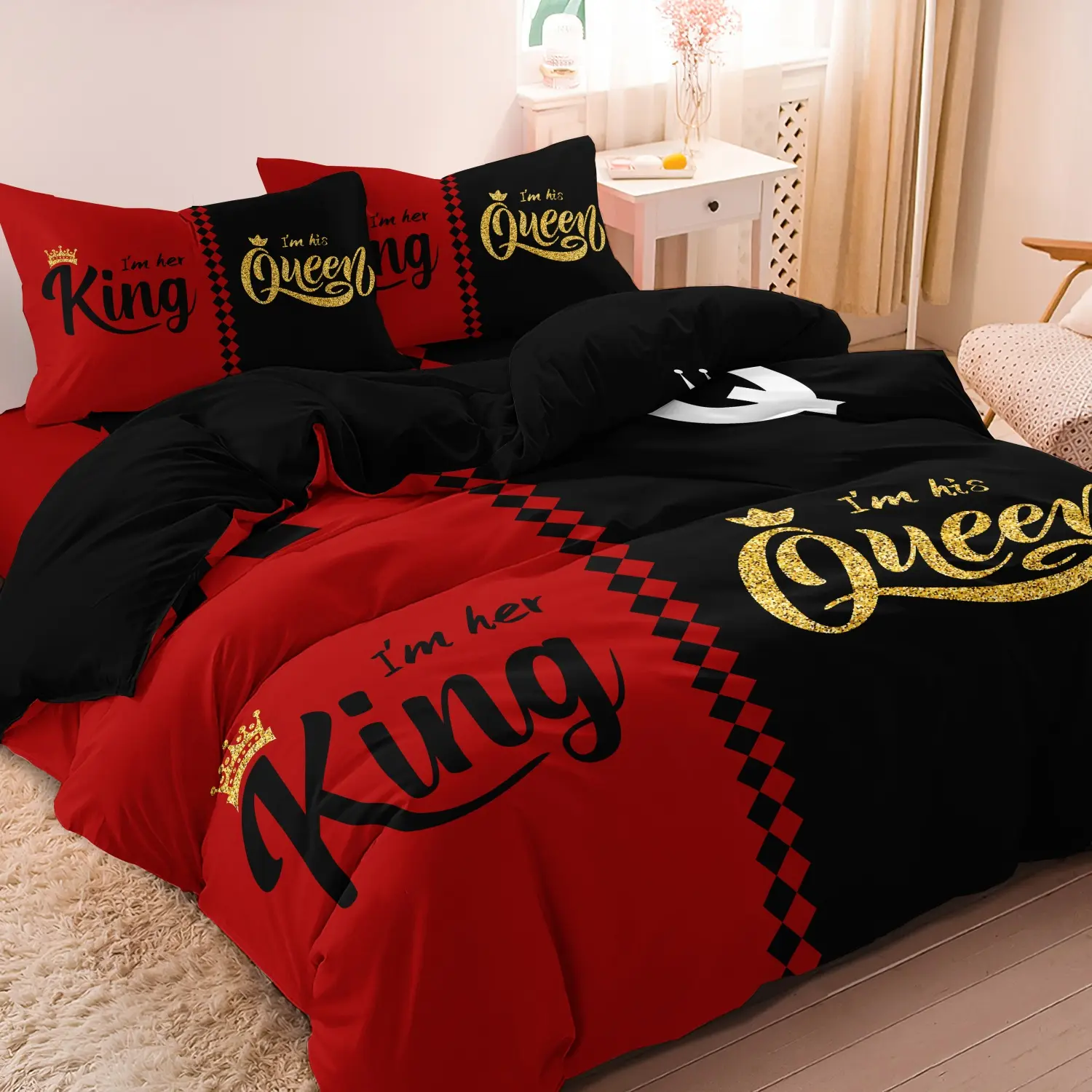 3pcs Set Red Black Couples Royal King Queen Letter Print Duvet Cover Set Bedroom Bedding Set Suitable For Bedroom Hotel Inn School Dormitory Can Be Used As Holiday Gifts Decorative Duvet Cover (1*Duvet Cover + 2 Pillowcases, No Comforter, No Pillow)