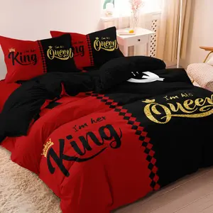 3pcs Set Red Black Couples Royal King Queen Letter Print Duvet Cover Set Bedroom Bedding Set Suitable For Bedroom Hotel Inn School Dormitory Can Be Used As Holiday Gifts Decorative Duvet Cover (1*Duvet Cover + 2 Pillowcases, No Comforter, No Pillow)