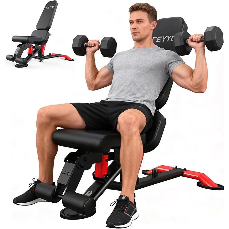 Pooboo Foldable Adjustable Weight Bench - Home Gym Exercise Equipment, 1800Lbs Capacity Bench Press, 7 Back & 3 Seat Positions, Spring-Loaded Pin, Commercial Grade Steel Frame for Full Body Workouts