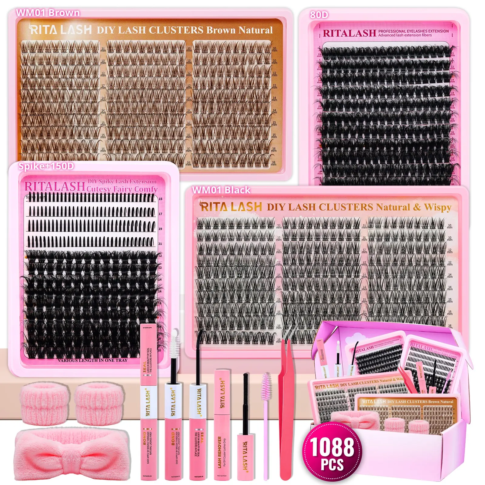 RITALASH 1088PCS D Curl Gift Cluster Lash Set, Makeup, DIY Eyelash Clusters, DIY Individual Eyelashes Large Capacity Mixed Color Black and Brown Lashes Anime False Eyelashes Set DIY at Home with Bond and Seal Tweezer Cluster Lash Remover and Lash Brush