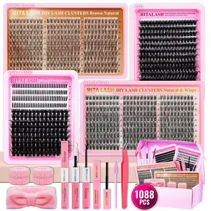 RITALASH 1088PCS D Curl Gift Cluster Lash Kit DIY Individual Eyelashes Large Capacity Lashes Mixed Color Black and Brown Lashes Soft And Comfortable Anime False Eyelashes Kit DIY at Home with Bond and Seal Tweezer Cluster Lash Remover and Lash Brush