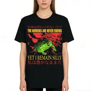 Horrors Are Never Ending Japanese Frog T-Shirt for Men Organic Cotton Round Neck Short Sleeve Universal Fit Streetwear Menswear Clothes Top Big Shortsleeve Tshirt Fashion - Casual, Fabric