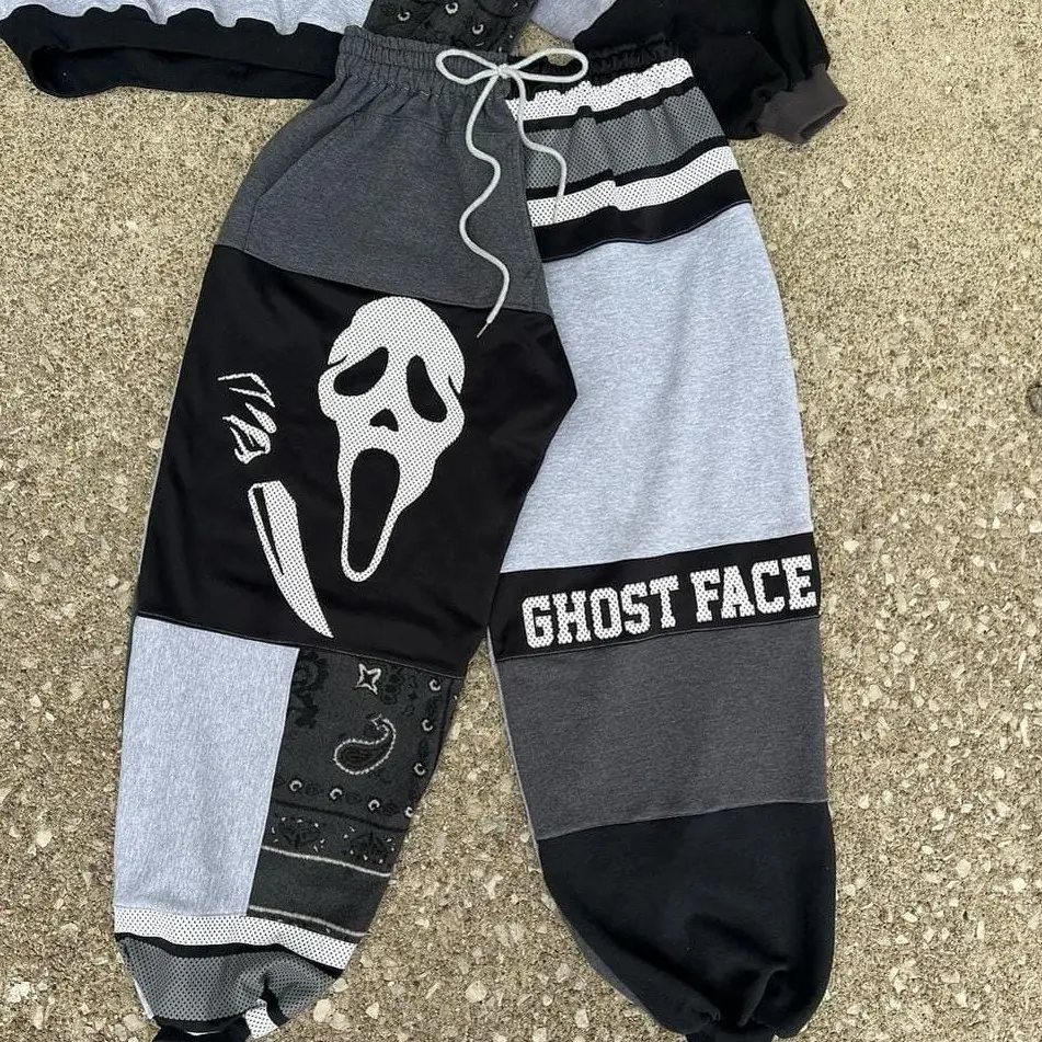 Ghost Face Patchwork Sweatpants for Couples, Eco-Friendly Vintage Streetwear All Seasons, Comfortable & Eye-Catching Design, Halloween Merch