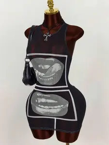 Amplova Gyaru Style  Rave Outfits Festival Rave Outfits Festival Lip Print Sheer Bodycon Mini Dress