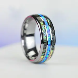 Genuine Australian Blue Fire Opal with Abalone Tungsten Ring For Him For Her