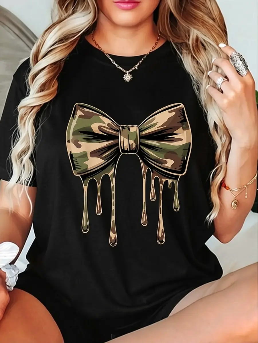 Unisex Country Camo T-Shirt with Cute Pink Bow Graphic, Sporty 100% Cotton Short Sleeve Customized Top