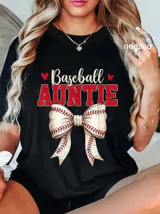 100% Cotton Unisex Baseball Auntie Coquette Bow Game Day Mothers Day T-Shirt Casual Top