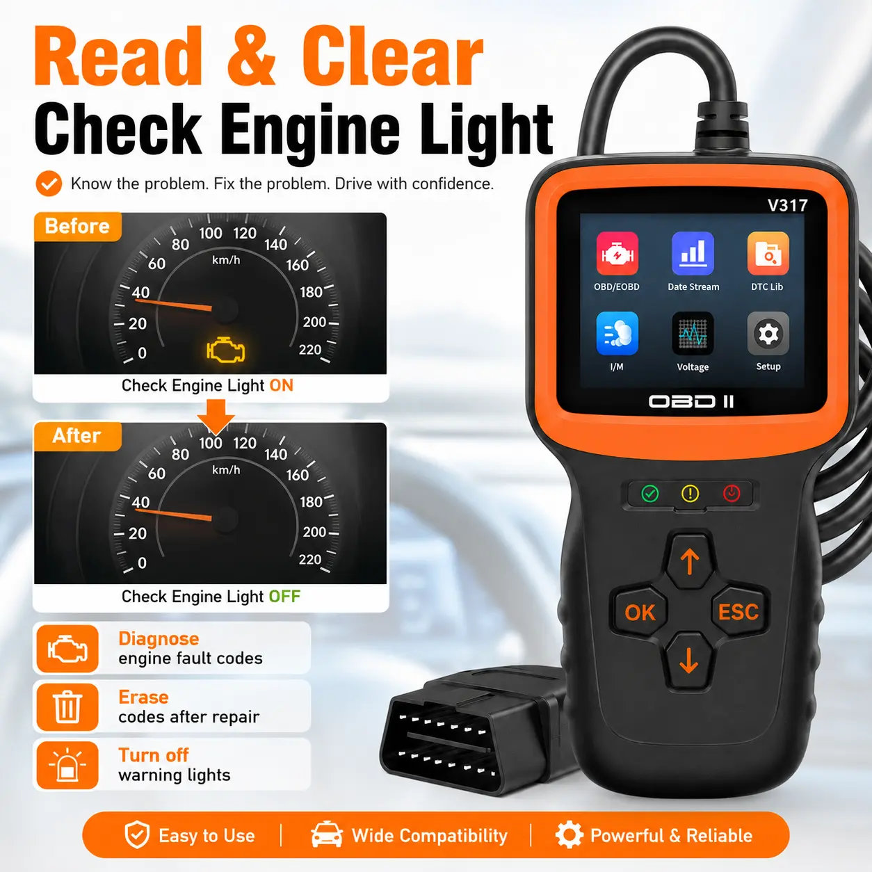 V317 OBD2 Scanner Vehicle Diagnostic Tester - 2.8inch LCD Screen, Upgraded Automotive Tool for All Cars Since 1996, Supports Spanish & Italian