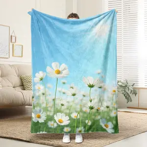 1 Comfortable Blue Sky, White Clouds, Sunshine Flower Flannel Blanket, Soft Printed Cooling Blanket, Suitable For All Year Round, 100% Polyester Fiber, Perfect Gift For Family And Friends