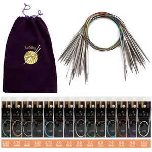 14-piece knitting needle set, 2.25mm–10.0mm, flexible and lightweight, stainless steel circular needles with round tips, and colored metal-cable circular needles. Ideal for DIY projects, knitting socks, hats, and accessories; suitable for both beginners a
