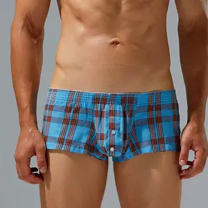 Japanese Style Trendy Men's Plaid Boxer Shorts Pure Cotton U Convex Pouch Four-Corner Button Breathable Thin Home Shorts