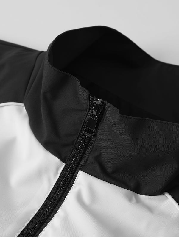 Men's Fashion Racing Graphic Stand Collar Jacket, Lightweight Windproof Outdoor Casual Bomber Jacket, Trendy Color Block Retro Streetwear for Spring/Fall Daily Activities