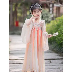 Girls' Traditional Hanfu Dress Set - 2-Piece Woven Polyester Outfit with Tribal Pattern, Mandarin Collar Pullover Top for Cultural Events, Pullovers, Other