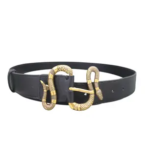 Pre-owned GUCCI GG Leather Belt 39766 with Snake Buckle Black and Gold Accents