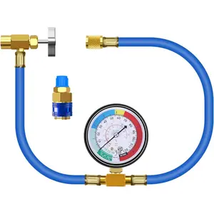 AC Charge Hose with Gauge for R134A,  HVAC Refrigerant Recharge Kit, Auto Air Conditioning U  Hose Low  Measuring Meter with 1/4 inch Fittings, Can Tap, Quick Coupler