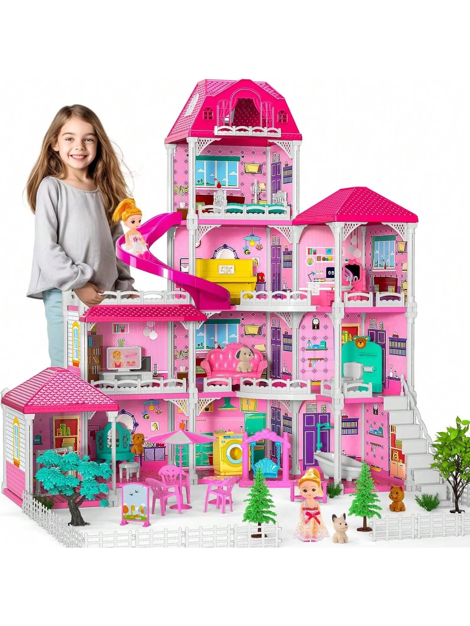 Dolls House Toys 10 Rooms Dolls House with 2 Princesses Slide Accessories Playset Playhouse Gift for Kids