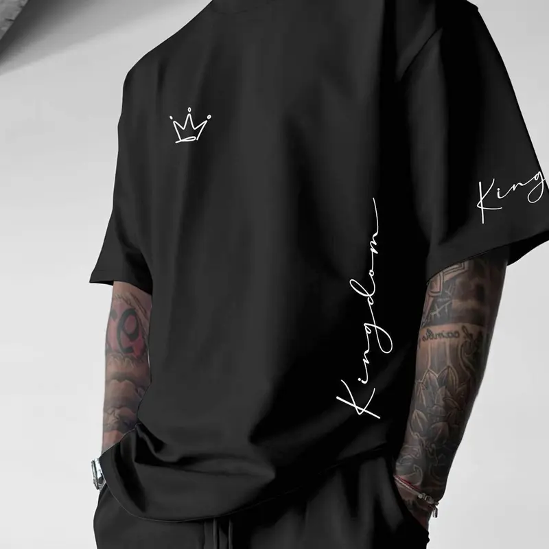 Men's Crown Print Short Sleeve Tee, Regular Fit Classic Casual Comfy Streetwear Round Neck Fitted Long T-shirt for Summer, Men's Top for Daily Wear, Casual Style Tee, Casual Streetwear Tops