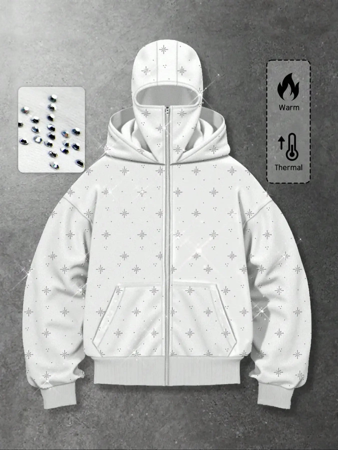 Men's Street Style Rhinestone Hooded Sweatshirt, Casual Comfy Zipper Pocket and Zip Design, Fall & Winter Wear, Geometric Pattern, Fitted Fit, Menswear, Long Sleeve, Streetwear