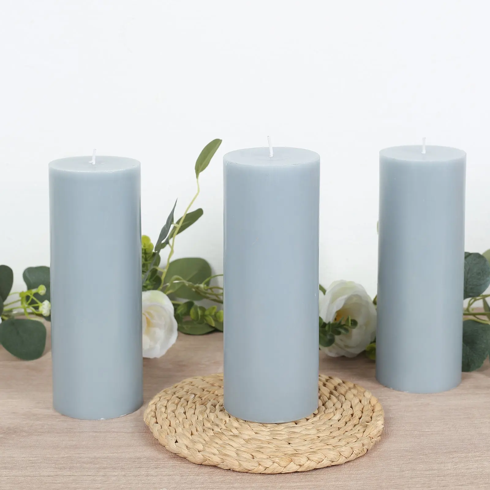 Unscented Pillar Candles (12-Pack) - Dripless 3"x8" Dusty Blue Paraffin Wax with Smokeless Clean Cotton Wicks, Long-Lasting Burn for Wedding Centerpieces, Home Decor, Restaurants