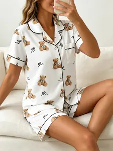 Women's Short Sleeve Button Down Top and Shorts Pajama Set, Spring Summer Wear, For Soft Aesthetic Lovers, White Base Teddy Bear Bow Print, Classic Lapel Collar, Loose Fit, Comfortable For Home & Gatherings
