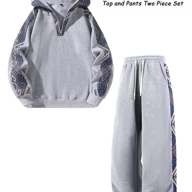 Women’s Fitted Knit 2 Piece Ethnic Activewear Set Long Sleeve Quarter Zip Hoodie, Fleece Lined Warm Patchwork Pants, Polyester, Outdoor Casual Streetwear, Gray