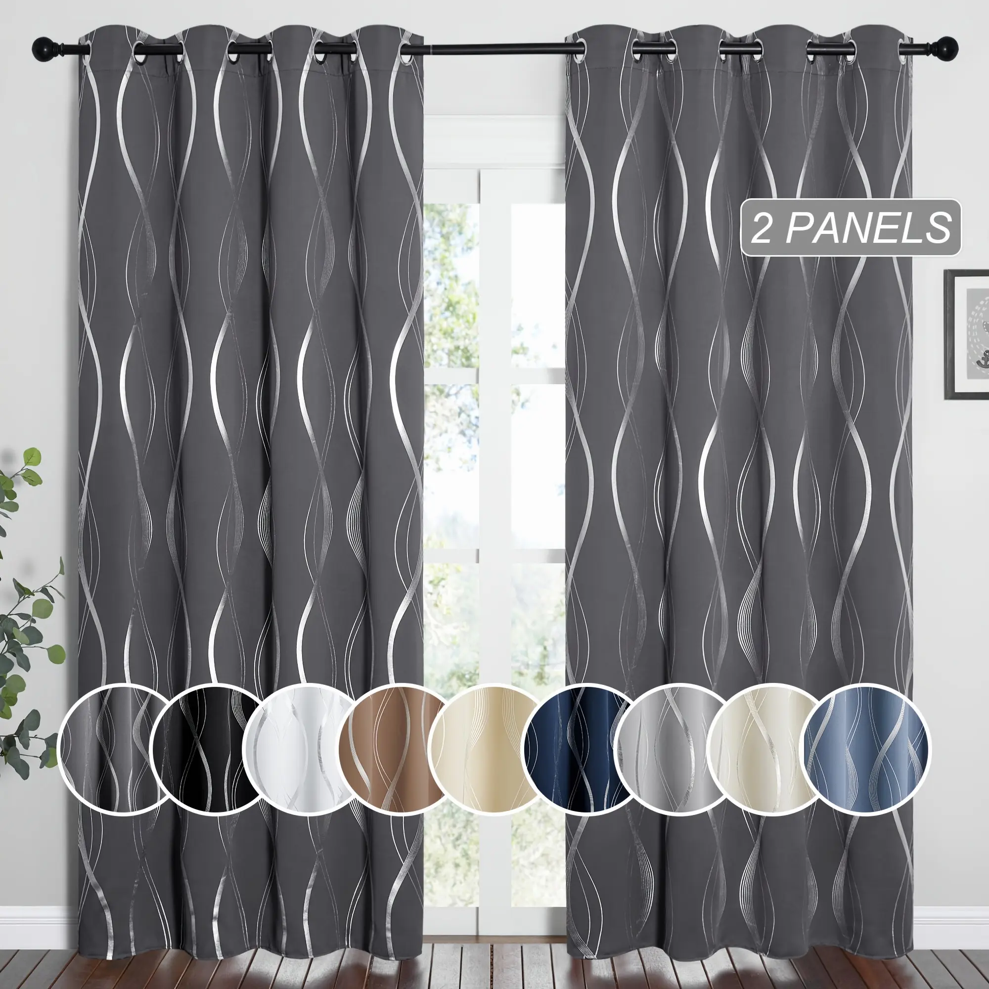 Blackout Curtains 2 Panels Set for Bedroom/Living Room, Noise Reducing Thermal Insulated Wave Line Foil Print Drapes for Patio Sliding Glass Door