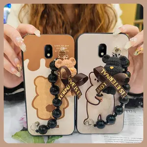 Anti-knock cute Phone Case For Samsung Galaxy J730/J7 2017/J7 Pro protective case Cartoon Simplicity Bear bracelet Skin-friendly feel soft case Waterproof Black pearl pendant