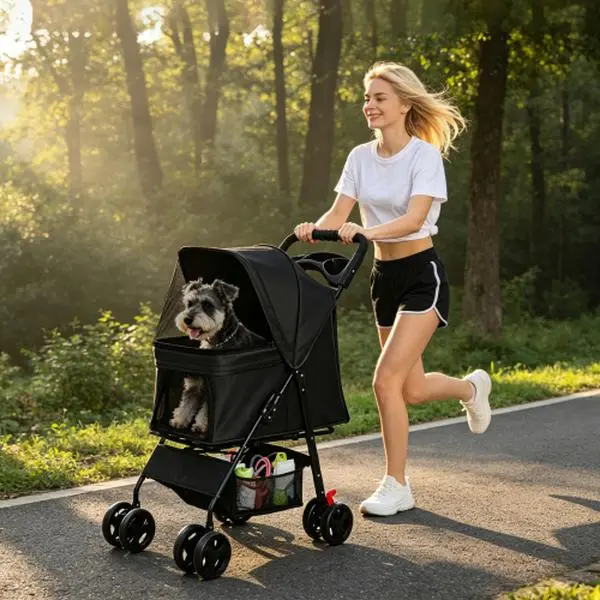 Foldable Pet Stroller for Small Dogs & Cats Under 28 lbs – 4 Wheels with 360° Swivel Front, Safety Leashes, Storage Basket, Multi-Functional Tray, Breathable Mesh, One-Click Collapsible for Travel & Daily Walks
