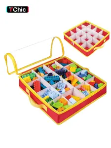 16-Slot Toy Storage Bin Organizer Case for Lego Bricks, Foldable Container Storage Box with Clear Lid& DIY Divider for Lego Sorting, Board Games, Building Blocks& Puzzles