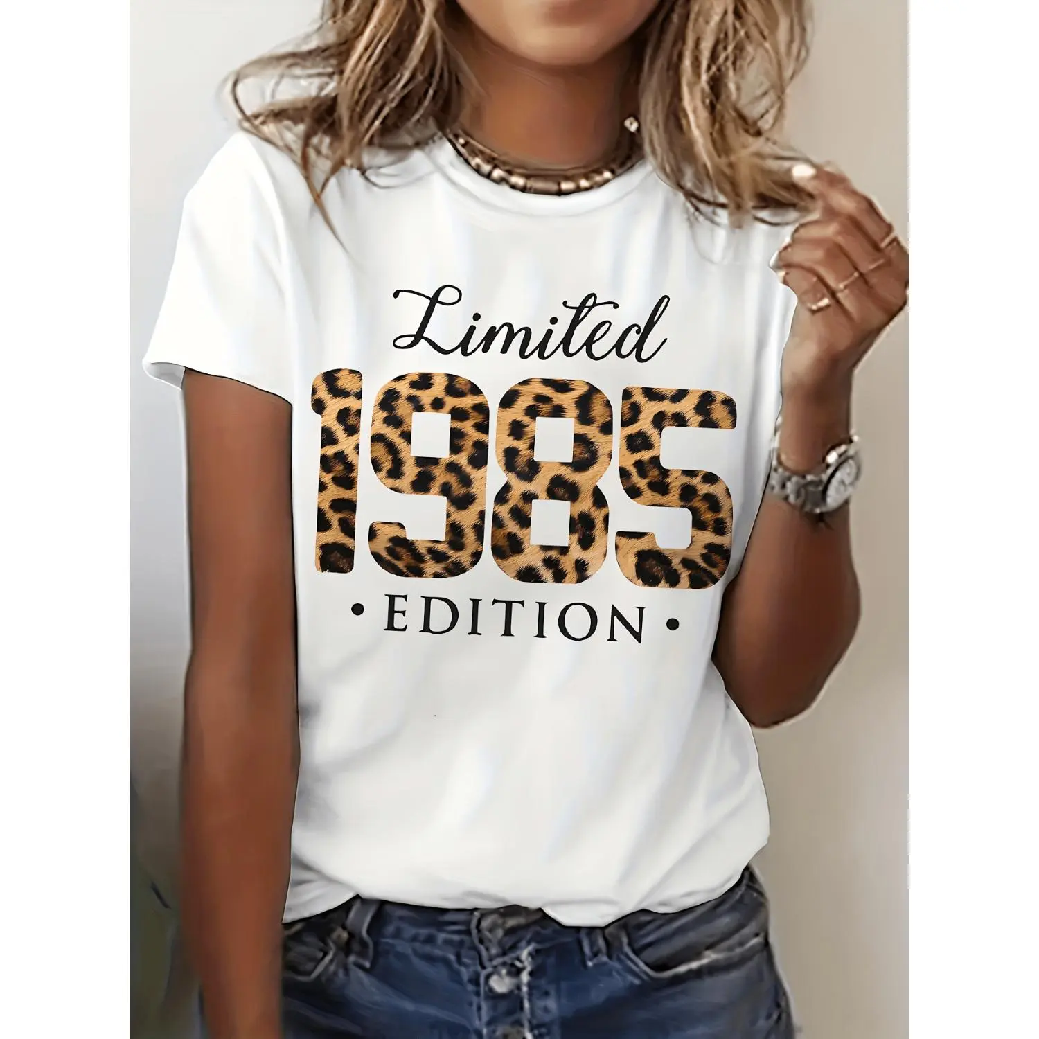 Women's Cotton T-Shirt with Vintage 1985 Leopard Graphic, Breathable Casual Crew Neck Top, Relaxed Fit Short Sleeve, Shortsleeve, All Seasons, Streetwear, Breathable Cotton