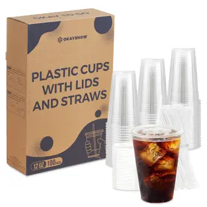 12oz Clear Disposable Cups with Lids & Straws – 100 Pack Convenient Cups for Parties, Events & On-The-Go Use