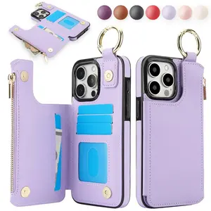 Solid Color Zipper Phone Case with Card Holder, 1 Count PU Leather Phone Case with Ring, Mobile Phone Bag for iPhone 7 8 Plus 11 12 Pro Max Accessories Cover Casing