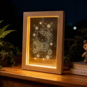 Christmas - themed Hello Kitty Wooden LED Frame Lamp | Soft - glowing Bedroom Decor with Festive Charm