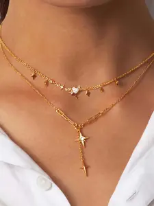 Ladies' necklace, smooth four-pointed star pendant, stainless steel 18k gold-plated, waterproof, anti-allergy, shiny and attractive jewelry, charming and versatile gift, Charms Necklace, Elegant Necklace, Star Shine Necklace