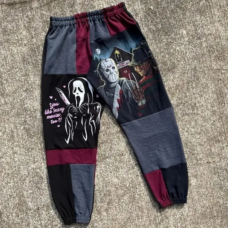 Horror Movie Patchwork Sweatpants Jason Freddy Ghostface Graphic Joggers Women Men Vintage Halloween Gothic Y2K Streetwear Drawstring Casual Sweat Pants