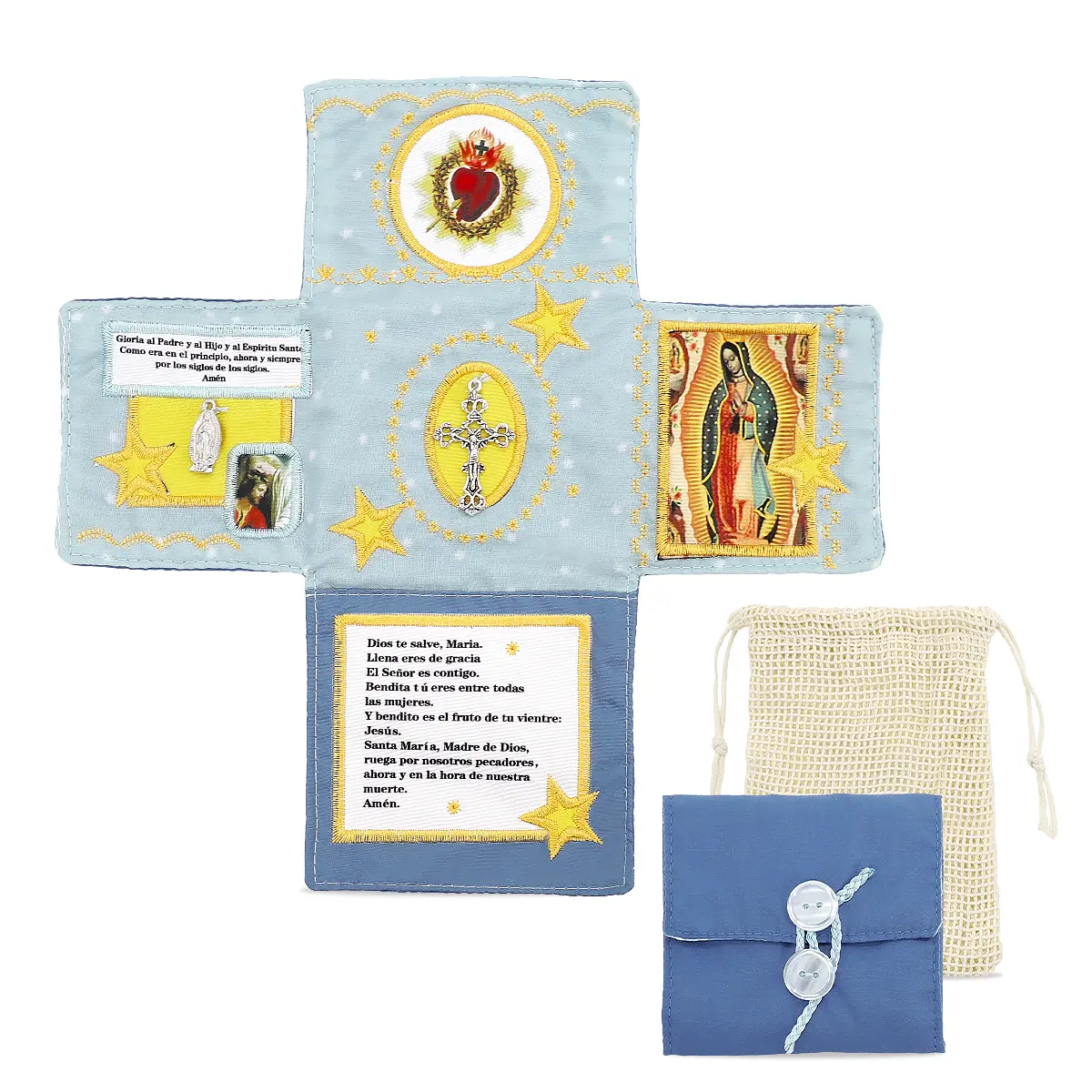Handmade Catholic Religious Prayer Pocket - Traditional Portable Decor Ornament, Sacred Heart, Virgin Mary Crucifix, Spanish Prayer Text, Vintage Blue Polka Dot Linen Bag for Home Altar, Back to School Gifts