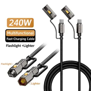 240W 4-in-1 Emergency Charging Cable with Flashlight – Car & Travel Survival Gear for iPhone & Android, Camping Essential
