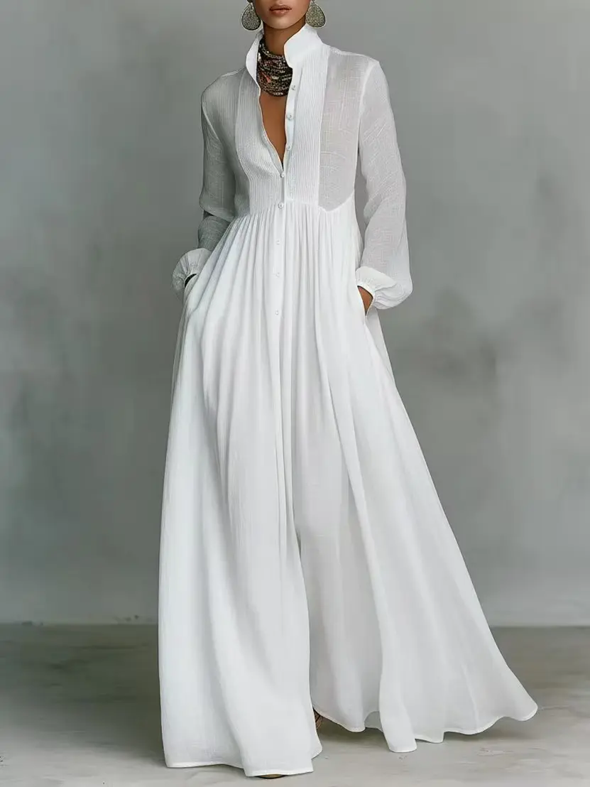 Trendy Boho Solid Color Flowy Maxi Shirt Dress for Women High Waist Long Sleeve Loose Fit Casual Elegant Gown with Pockets Perfect for Beach Holiday Evening Wear
