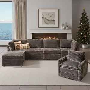 Oversized 6PCS Modular Sectional Sofa Set with Swivel Chair Comfy 5 Seat Cloud Couch with Removable Ottoman for Living Room Easy Assembly Free Combination