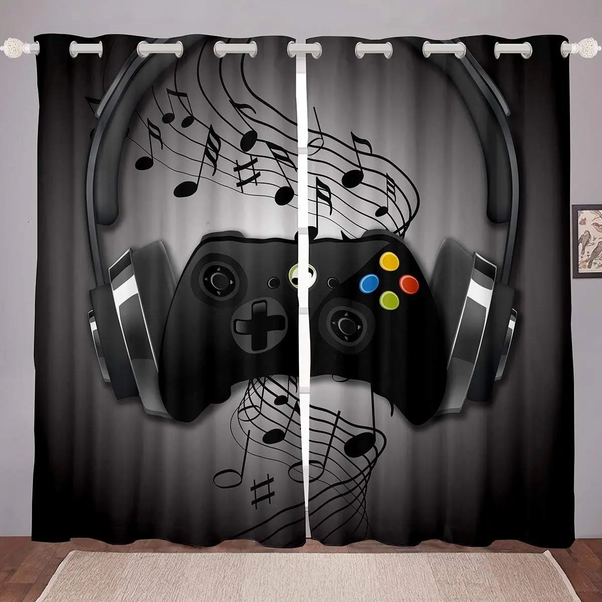 Feelyou Grommet Eyelet Home Decorative Curtains - Dark Multi-Panel Retro Video Gamer Drapes with Black Grey Headphones, Musical Notes, Gamepad Design for Bedroom Household Textiles & Soft Furnishings, Home Decorative Curtain